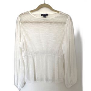 Primark Peasant Sleeve White Mesh Sheer Transparent Stretchy Peplum Top Blouse S
